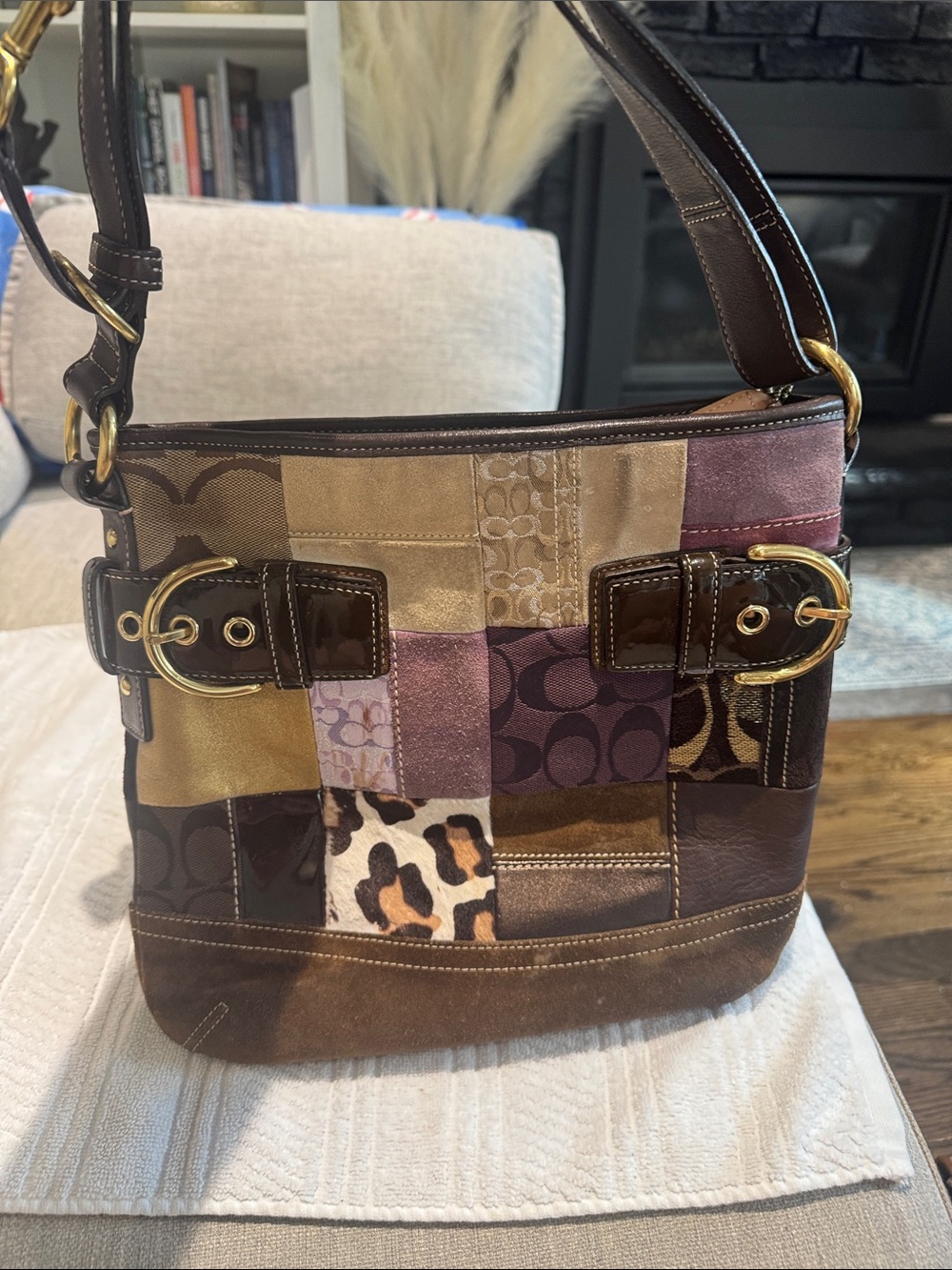 Coach Patchwork Shoulder Bag in Brown, Gold and Purple - Picture 4 of 9